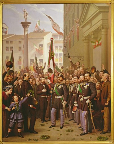 Víctor Manuel II decorando la bandera con la medalla de oro el 10 de junio de 1848 en Vicenza de Domenico Peterlin